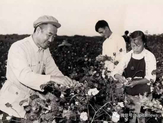 王任重（左一）在孝感县卧龙公社金星大队参加劳动