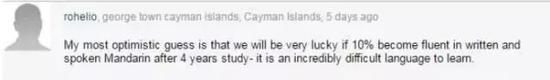 &nbsp;&nbsp;我最乐观的估计，是经过4年的学习能有10%的人能流利书写和说汉语就很好了。毕竟这是一个特别难语言。