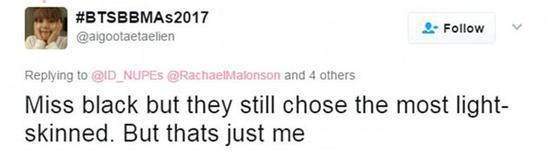 一个twitter网友说， 在“黑人小姐”选美比赛中， 他们竟然仍然选择了肤色最浅的人获胜。
