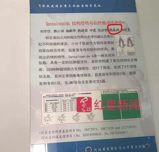 ▲贴在墙上的研究成果，韩春雨署名位列倒数第二