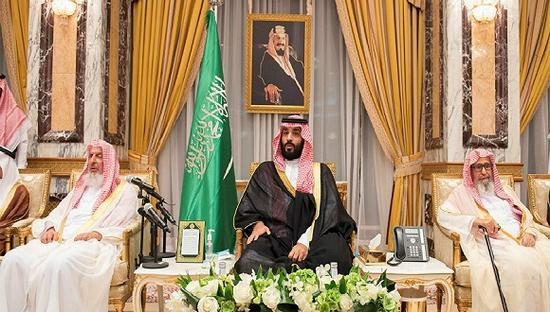  2017年6月21日，新王储本。萨勒曼（中）在麦加出席宣誓仪式。图片来源：视觉中国&nbsp;