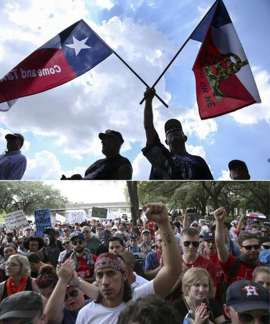接片：8月19日，休斯顿，“黑人命也是命”支持者举行集会要求拆除“南方邦联之魂”雕塑（下图）；白人种族主义者在集会队伍旁挥舞着“邦联”旗帜，反对拆除雕塑（上图）。（新华/美联）