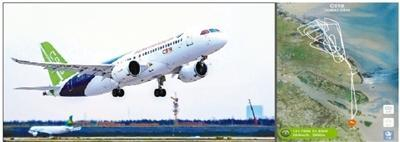 C919从浦东机场起飞（左图），经崇明至南通，试飞空域比首飞时要大一倍（右图） 摄影/张海峰