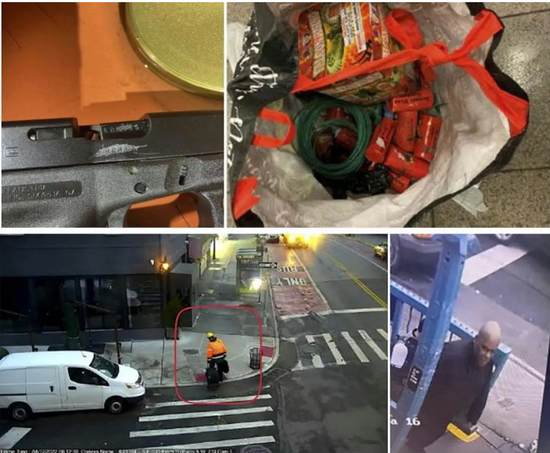 　　当地时间2022年4月13日，美国检察官办公室当日公布的图片显示，4月12日布鲁克林地铁站枪击案所用的枪支（左上）和炸药（右上）；嫌犯弗兰克·詹姆斯（下）