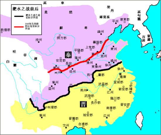 淝水大战前后东晋实控分界线示意图