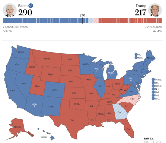 带有小箭头的州为拜登“翻蓝”的州。/《华盛顿邮报》截图