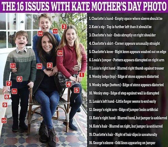 火眼金睛的网友发现了英国王室发布照片中有16处P图痕迹