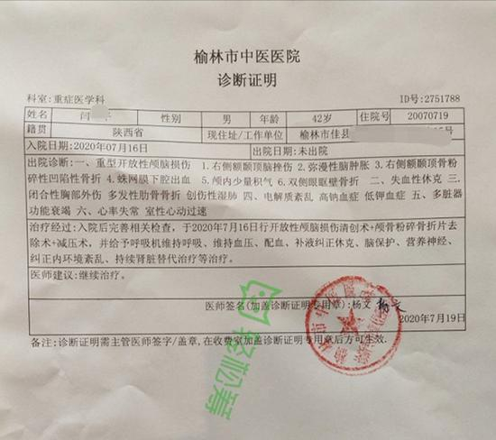 闫明辉去世前的诊断证明。