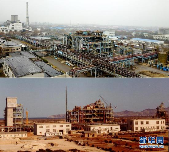 上图：烟台万华化学集团第一条MDI生产线全面停产后拆除；下图：建设中的烟台合成革厂（烟台万华化学集团前身）MDI生产线。新华社发