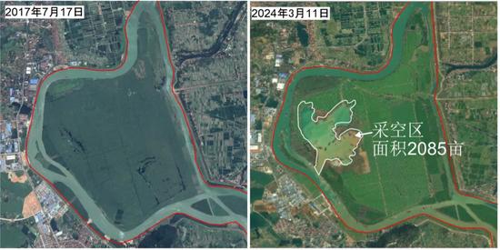 △2024年5月，中央督察组查询卫星影像显示，澧水河口湿地保护区孟姜垸洲滩被大面积采挖