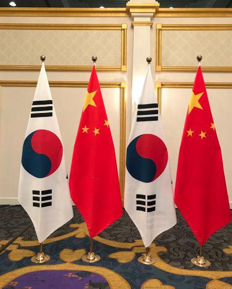 （图：会见现场的中韩两国国旗。）