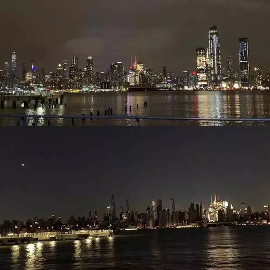  有电和没电的曼哈顿对比（图片来源：Twitter）