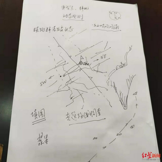  ↑王宇手绘哀牢山4名遇难人员遇难地示意图。来源：红星新闻