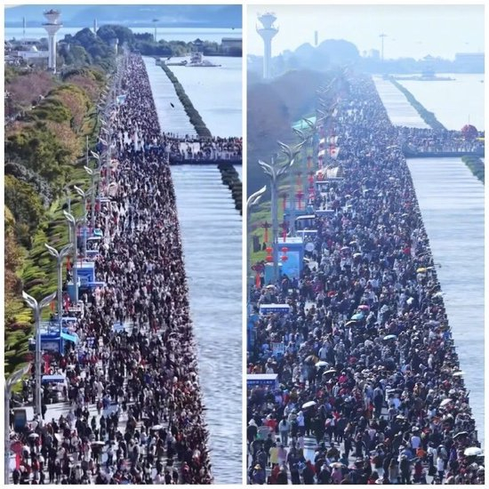 2月19日和20日，海埂大坝人山人海。视频截图