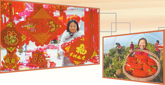 左图：2020年1月14日，湖北省襄阳市市民选购“福”字等节日饰品。杨东摄（中经视觉）右图：近日，在江苏省宿迁市泗洪县归仁镇仁园居中农联蔬菜种植示范基地，工人们正在采摘辣椒。张连华摄（中经视觉）