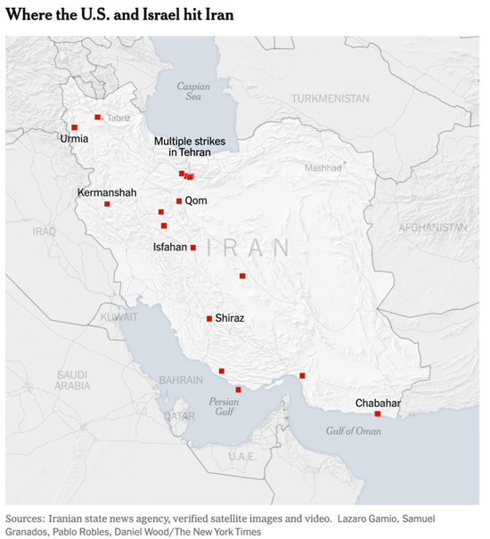 　　△美以对伊朗多地发动了打击，包括德黑兰、库姆、克尔曼沙赫、伊斯法罕、卡拉季等在内的多个城市发生爆炸