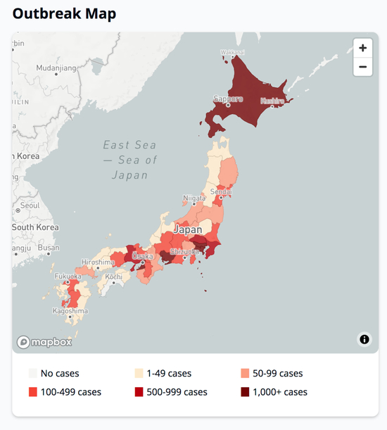 确诊病例地图。/&nbsp;日本新冠病毒追踪网站截图