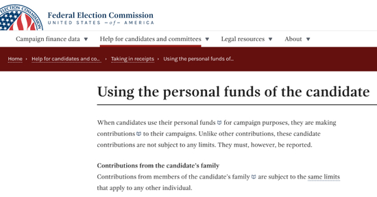  总统候选人将个人资金投入竞选活动中。/&nbsp;美国联邦选举委员会网站截图