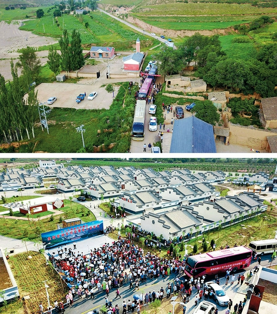 上图为宁夏西吉县白崖乡半子沟村村民准备集体搬迁至宁夏银川市金凤区润丰村。下图为银川市金凤区润丰村迎来首批138户移民入住，来自半子沟村的群众统一乘坐大巴搬出大山，来移民新村开始新生活（2017年8月17日摄）&nbsp; &nbsp;王鹏摄/本刊