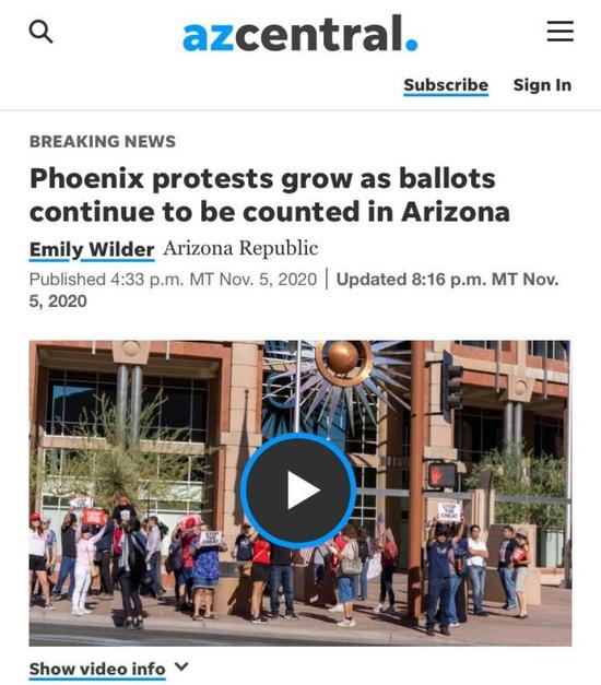 △亚利桑那州当地媒体Azcentral报道，随着计票进程的推进，凤凰城聚集了越来越多的抗议者