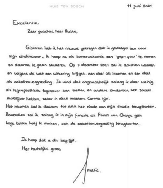 ·阿玛莉亚寄给首相吕特的手写信。