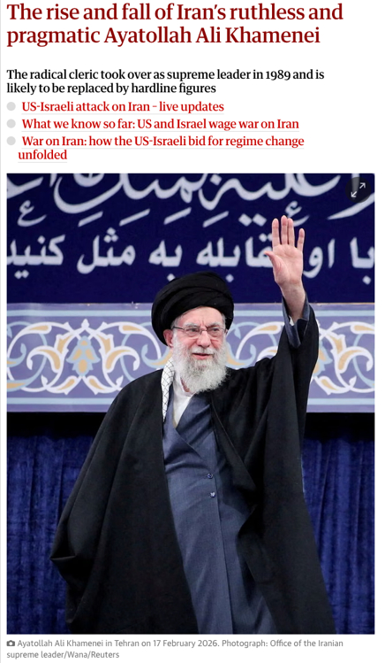 　　△《卫报》报道，在美以发动军事打击前，中央情报局评估，如果伊朗最高领袖在袭击中丧生，取代他的很可能会是伊斯兰革命卫队的强硬派