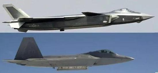 ▲歼-20（上图）机身比F-22略长。