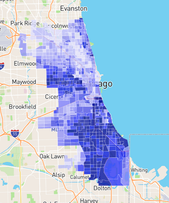 芝加哥危险地区实时更新图。（颜色越深代表危险系数越高，危险系数的参考标准是地区历年暴力和抢劫案件的总数） 图片来源： Neighborhoodscout网站
