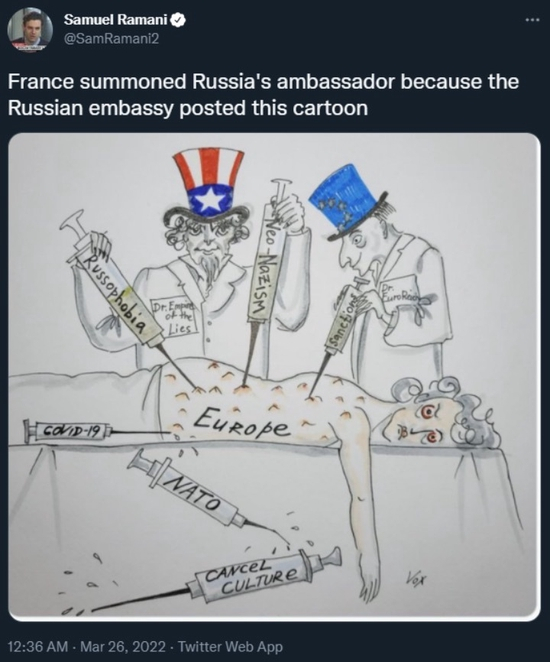塞缪尔·拉马尼：因为俄使馆发的这幅卡通画，法国召唤俄大使抗议