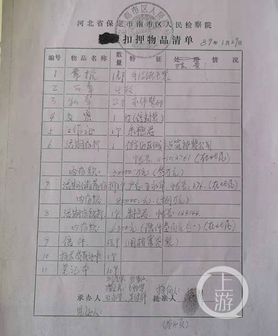 ▲杨鹏祥获得的一份南市区检察院扣押物品清单。受访者供图