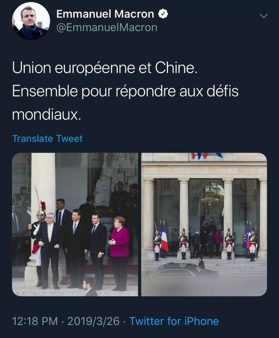  △习主席的讲话获得与会欧洲领导人的高度赞同。当天中午，马克龙总统在社交媒体上说：“欧盟与中国，携手应对全球挑战”。（央视记者康玉斌提供）