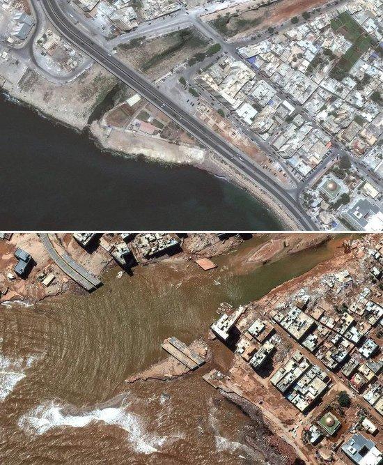 上图：7月1日，利比亚德尔纳，一条沿海公路。下图：9月13日，利比亚德尔纳，该地爆发洪水后的受损景象。图/视觉中国