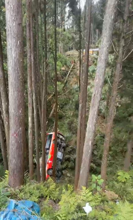 台湾南投县杉林溪园区一游览车坠谷。图源：台媒