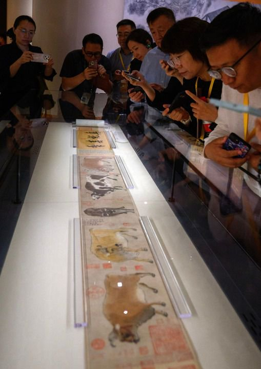 △2025年9月，观众在“百年守护——从紫禁城到故宫博物院”展览上观赏五牛图卷。