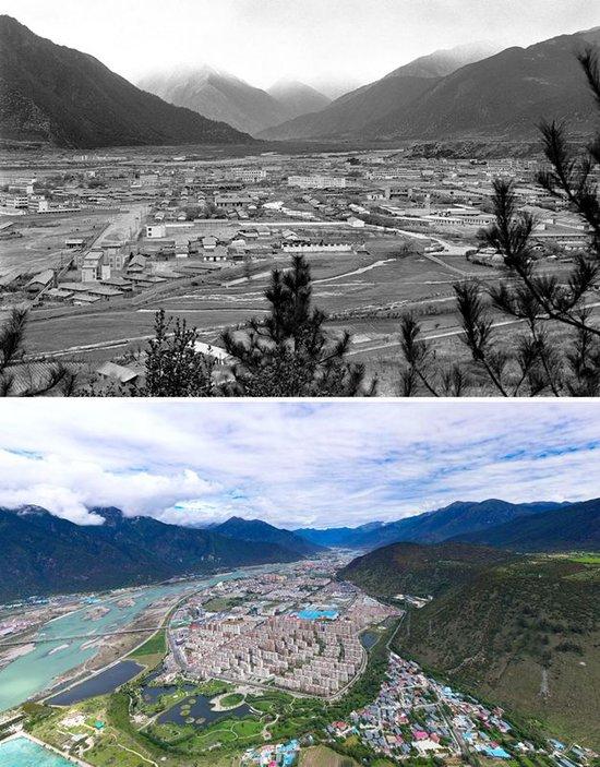 拼版照片:上图是20世纪90年代拍摄的西藏林芝八一镇,下图是2021年7月20日拍摄的西藏林芝八一镇风貌。