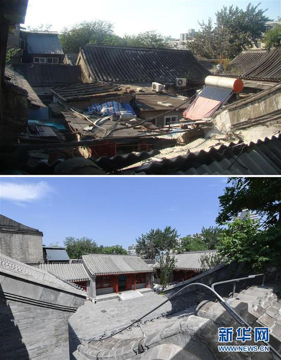 这是一张拼版照片，上图为：2015年9月7日拍摄的腾退修缮前的沈家本故居（资料照片）；下图为：6月10日拍摄的沈家本故居（新华社记者鞠焕宗摄）。新华社发