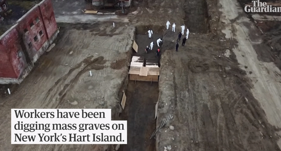  工人在哈特岛挖掘壕沟。哈特岛是一个面积只有50个足球场大小的狭长小岛，从19世纪末启用为公共墓地。/Guardian