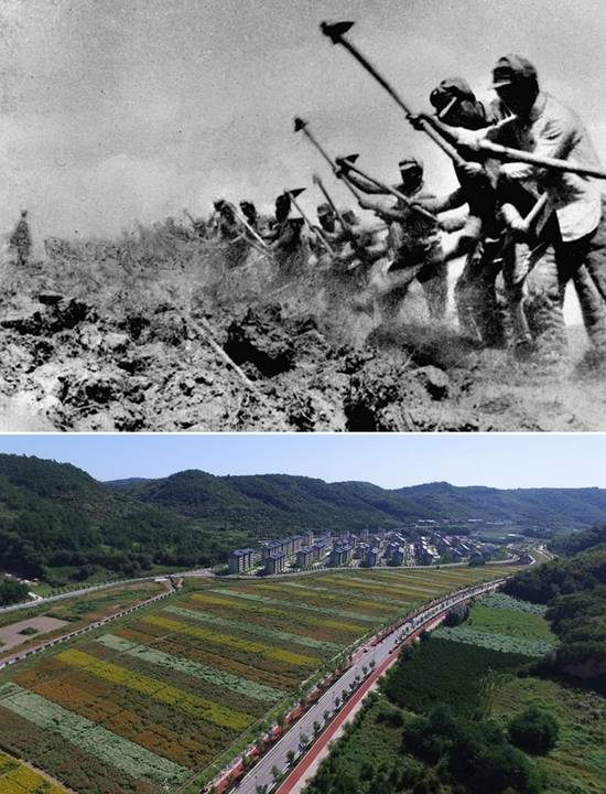　　△这是一张拼版照片，上图为：抗日战争期间，八路军三五九旅在南泥湾开荒生产（资料照片）；下图为：2020年8月25日拍摄的延安南泥湾景色（祁小军&nbsp;摄）。