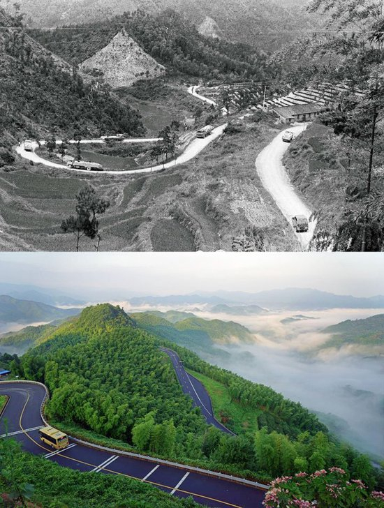  通往余姚横坎头村的路前后对比图。余姚梁弄镇供图