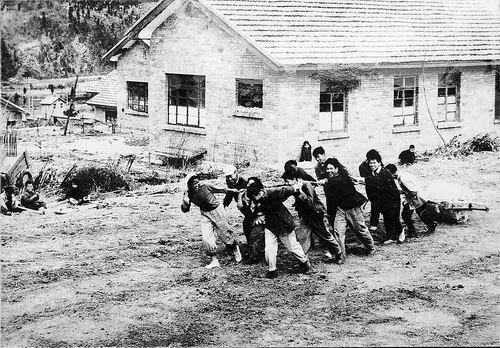 　1959年，顾方舟（前排右一）在昆明与职工创建生物医学研究所，正在建设工地平整地基。