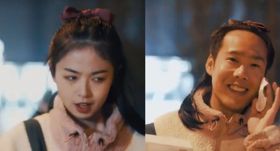 ▲全棉时代引发争议的广告宣传片截图。片中女子（左）用卸妆水一抹后秒变男人（右）。