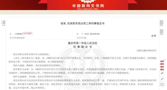 （重庆一中院披露高爽职务侵占细节 来源：裁判文书网）