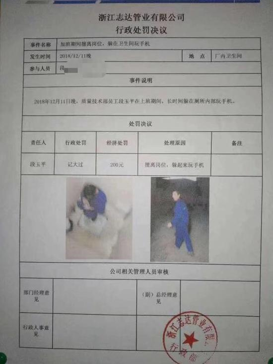 网传温州某公司员工因上厕所玩手机而被处罚的的“行政处罚决议”。&nbsp;&nbsp;&nbsp;&nbsp;网络图片