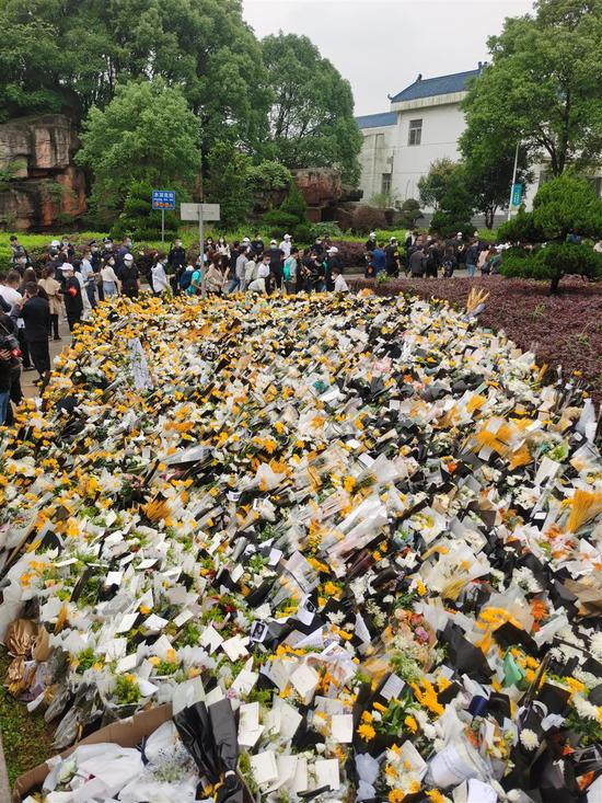 5月24日早上才辟出祭奠的一块草坪很快就变成了花海。