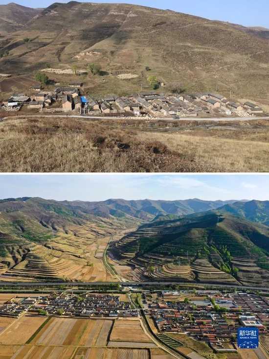 拼版照片：上图为山西省忻州市岢岚县宋家沟村村民在整村搬迁前居住的房屋（资料照片）；下图为2020年5月9日拍摄的山西省忻州市岢岚县宋家沟村（无人机照片，新华社记者曹阳摄）。新华社发