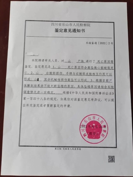 山某某尸检报告 受访者提供