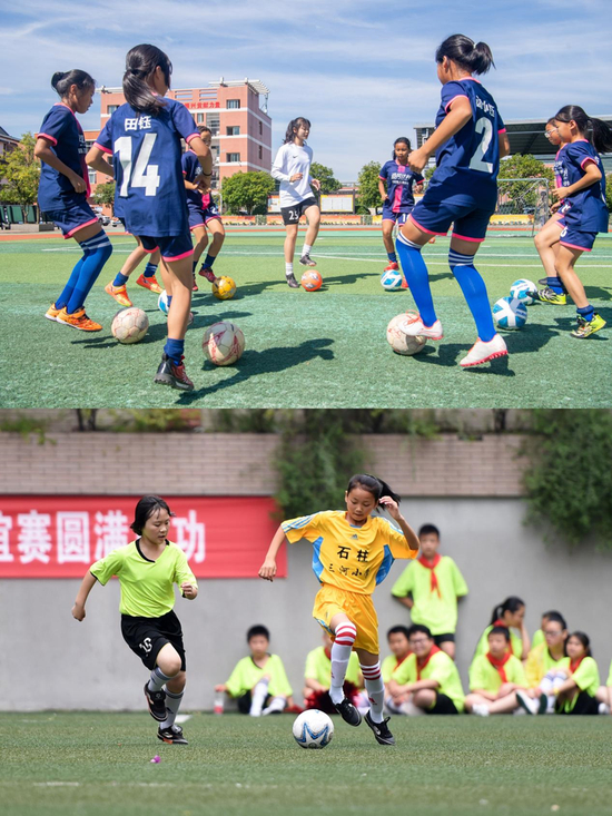 这是一张拼版照片。上图：9月1日，在重庆市石柱县三河镇的三河小学，秦芙蓉（中）和足球队队员们在操场上练球。下图：三河小学女子足球队来到重庆主城与传统强队大田湾小学女子足球队进行友谊赛，队员秦芙蓉（右）在比赛中。（2016年5月31日摄）新华社记者 唐奕 摄