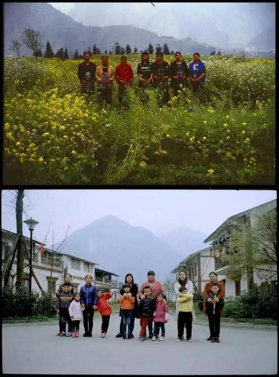 上图：2008年，地震中失去孩子的妈妈们重新孕育新生。下图：2018年，妈妈和她们的孩子们。受访者供图