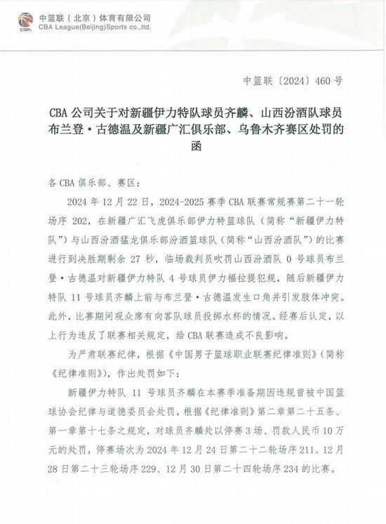 昨日双双被驱逐！官方：齐麟禁赛三场罚款10万 古德温禁两场罚5万  第2张