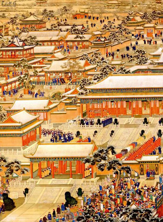 △乾隆帝命宫廷画师绘制的《万国来朝图》，画中不只描绘了紫禁城中的元旦朝贺活动，而且着重刻画了宁寿宫中乾隆抱着孙子，看放鞭炮，享受天伦之乐的场景。